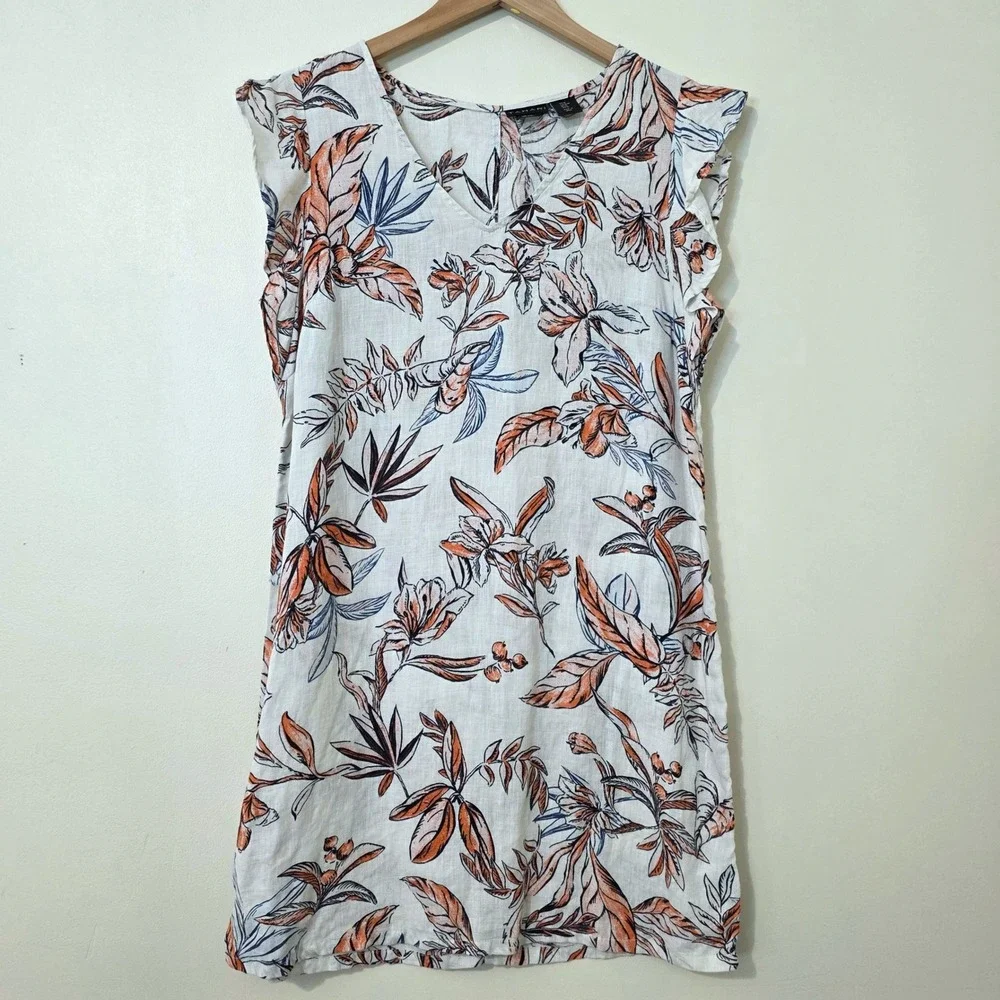 Tahari 100% Linen Tropical Floral Mini Dress Sz M Beach Boho Print Ruffle‎ Shift